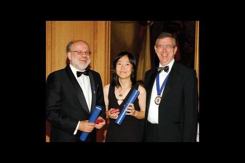 M Davies, M Tirovic and Ms Z Ye receive their Carter Bronze Medals from the CIBSE president